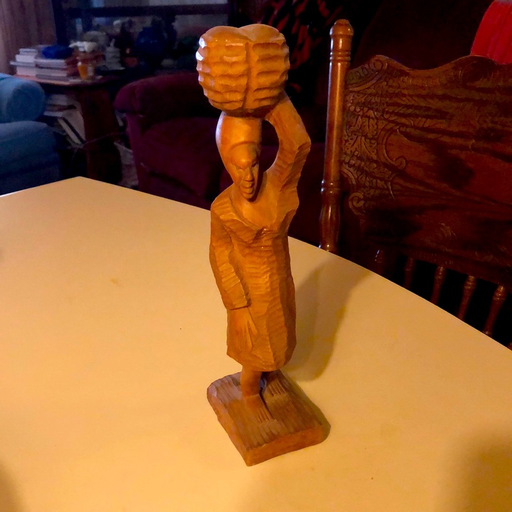One of a kind African Wood Carved woman carrying bread basket!